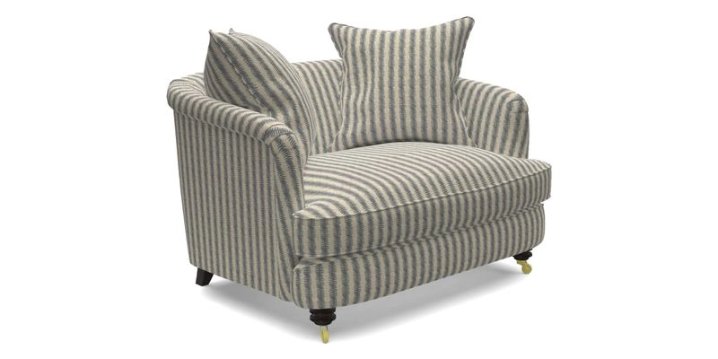 Helmsley Snuggler in V&A Threads of India Opulent Velvets Forest Creatures Hunter piping in Swiss Velvet Olive and scatter in Stockport Stripe Flame