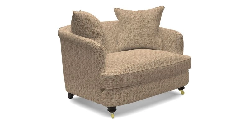 Helmsley Snuggler in V&A Threads of India Opulent Velvets Forest Creatures Hunter piping in Swiss Velvet Olive and scatter in Stockport Stripe Flame