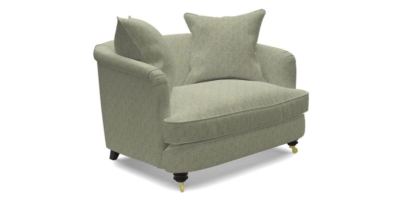 Helmsley Snuggler in V&A Threads of India Opulent Velvets Forest Creatures Hunter piping in Swiss Velvet Olive and scatter in Stockport Stripe Flame