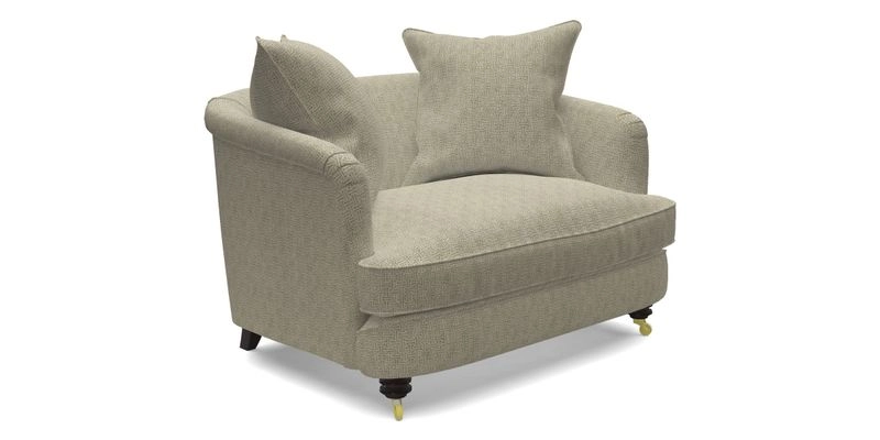 Helmsley Snuggler in V&A Threads of India Opulent Velvets Forest Creatures Hunter piping in Swiss Velvet Olive and scatter in Stockport Stripe Flame