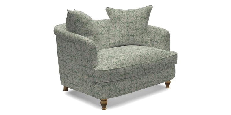 Helmsley Snuggler in V&A Threads of India Opulent Velvets Forest Creatures Hunter piping in Swiss Velvet Olive and scatter in Stockport Stripe Flame