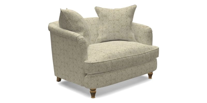 Helmsley Snuggler in V&A Threads of India Opulent Velvets Forest Creatures Hunter piping in Swiss Velvet Olive and scatter in Stockport Stripe Flame