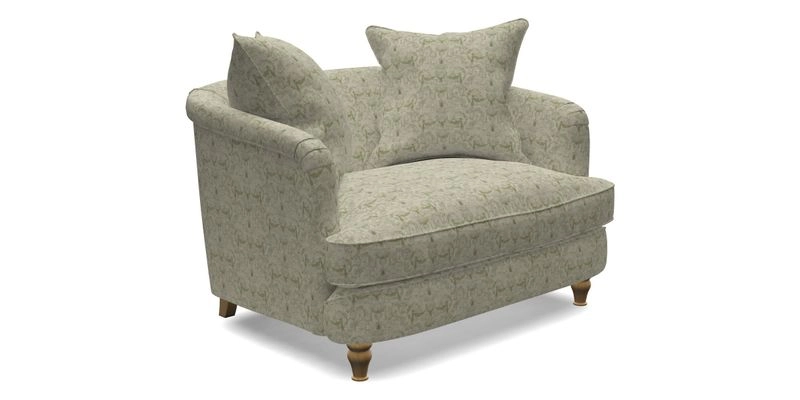 Helmsley Snuggler in V&A Threads of India Opulent Velvets Forest Creatures Hunter piping in Swiss Velvet Olive and scatter in Stockport Stripe Flame