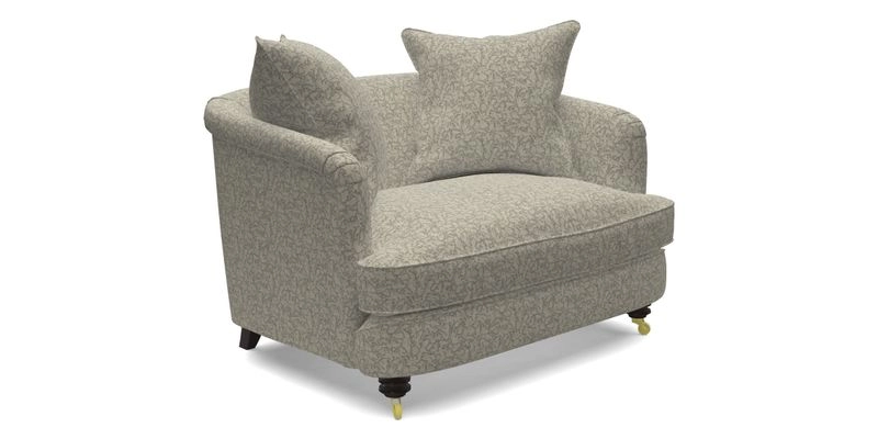 Helmsley Snuggler in V&A Threads of India Opulent Velvets Forest Creatures Hunter piping in Swiss Velvet Olive and scatter in Stockport Stripe Flame