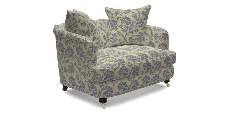 Helmsley Snuggler in V&A Threads of India Opulent Velvets Forest Creatures Hunter piping in Swiss Velvet Olive and scatter in Stockport Stripe Flame