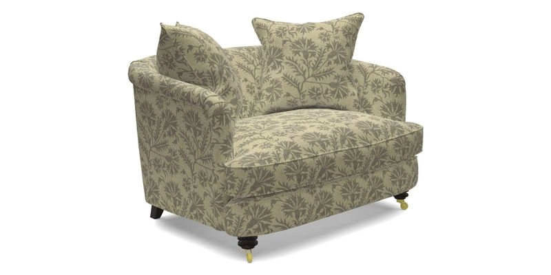 Helmsley Snuggler in V&A Threads of India Opulent Velvets Forest Creatures Hunter piping in Swiss Velvet Olive and scatter in Stockport Stripe Flame