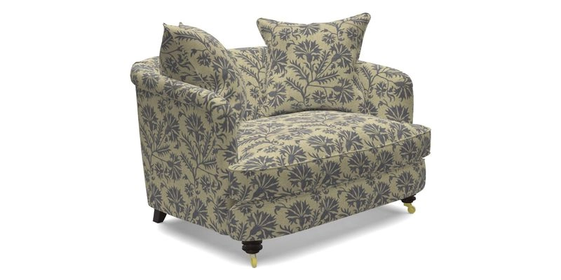 Helmsley Snuggler in V&A Threads of India Opulent Velvets Forest Creatures Hunter piping in Swiss Velvet Olive and scatter in Stockport Stripe Flame