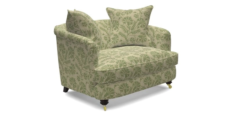 Helmsley Snuggler in V&A Threads of India Opulent Velvets Forest Creatures Hunter piping in Swiss Velvet Olive and scatter in Stockport Stripe Flame