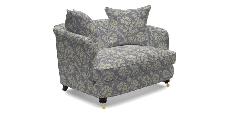 Helmsley Snuggler in V&A Threads of India Opulent Velvets Forest Creatures Hunter piping in Swiss Velvet Olive and scatter in Stockport Stripe Flame