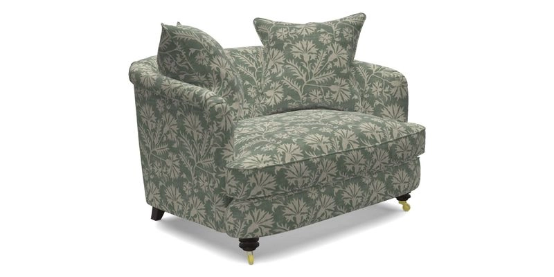 Helmsley Snuggler in V&A Threads of India Opulent Velvets Forest Creatures Hunter piping in Swiss Velvet Olive and scatter in Stockport Stripe Flame