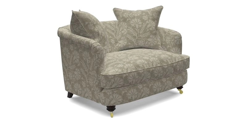 Helmsley Snuggler in V&A Threads of India Opulent Velvets Forest Creatures Hunter piping in Swiss Velvet Olive and scatter in Stockport Stripe Flame