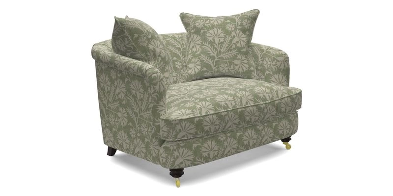 Helmsley Snuggler in V&A Threads of India Opulent Velvets Forest Creatures Hunter piping in Swiss Velvet Olive and scatter in Stockport Stripe Flame