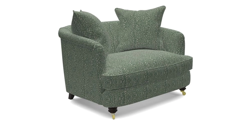 Helmsley Snuggler in V&A Threads of India Opulent Velvets Forest Creatures Hunter piping in Swiss Velvet Olive and scatter in Stockport Stripe Flame