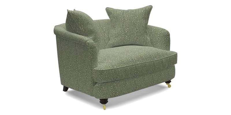 Helmsley Snuggler in V&A Threads of India Opulent Velvets Forest Creatures Hunter piping in Swiss Velvet Olive and scatter in Stockport Stripe Flame