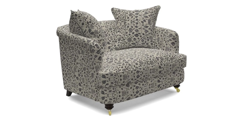 Helmsley Snuggler in V&A Threads of India Opulent Velvets Forest Creatures Hunter piping in Swiss Velvet Olive and scatter in Stockport Stripe Flame