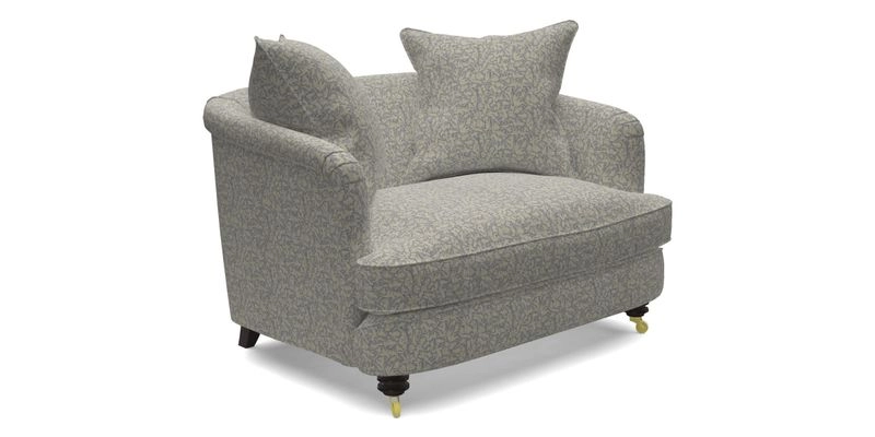 Helmsley Snuggler in V&A Threads of India Opulent Velvets Forest Creatures Hunter piping in Swiss Velvet Olive and scatter in Stockport Stripe Flame