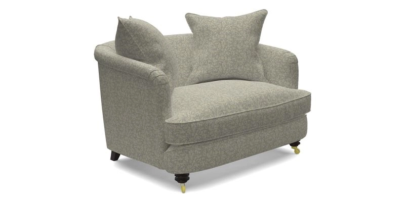 Helmsley Snuggler in V&A Threads of India Opulent Velvets Forest Creatures Hunter piping in Swiss Velvet Olive and scatter in Stockport Stripe Flame