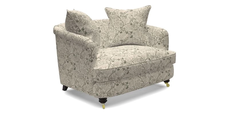 Helmsley Snuggler in V&A Threads of India Opulent Velvets Forest Creatures Hunter piping in Swiss Velvet Olive and scatter in Stockport Stripe Flame