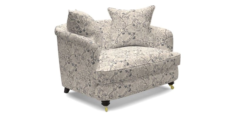 Helmsley Snuggler in V&A Threads of India Opulent Velvets Forest Creatures Hunter piping in Swiss Velvet Olive and scatter in Stockport Stripe Flame