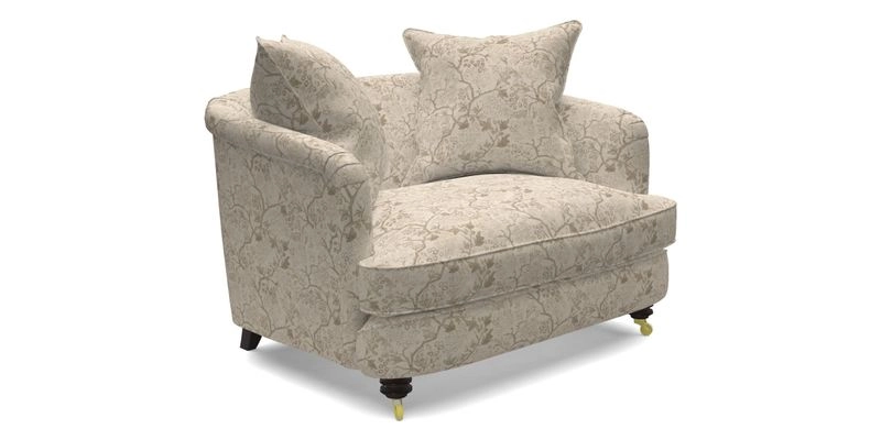 Helmsley Snuggler in V&A Threads of India Opulent Velvets Forest Creatures Hunter piping in Swiss Velvet Olive and scatter in Stockport Stripe Flame