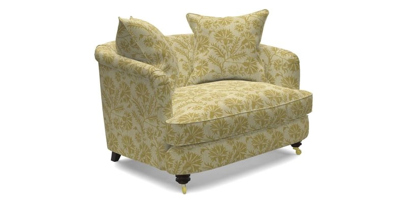 Helmsley Snuggler in V&A Threads of India Opulent Velvets Forest Creatures Hunter piping in Swiss Velvet Olive and scatter in Stockport Stripe Flame