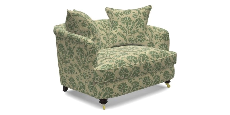 Helmsley Snuggler in V&A Threads of India Opulent Velvets Forest Creatures Hunter piping in Swiss Velvet Olive and scatter in Stockport Stripe Flame