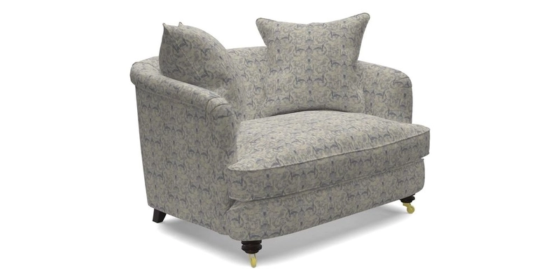 Helmsley Snuggler in V&A Threads of India Opulent Velvets Forest Creatures Hunter piping in Swiss Velvet Olive and scatter in Stockport Stripe Flame