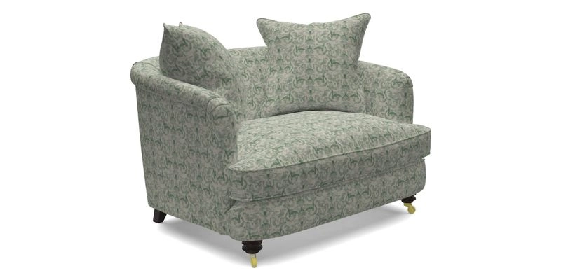 Helmsley Snuggler in V&A Threads of India Opulent Velvets Forest Creatures Hunter piping in Swiss Velvet Olive and scatter in Stockport Stripe Flame