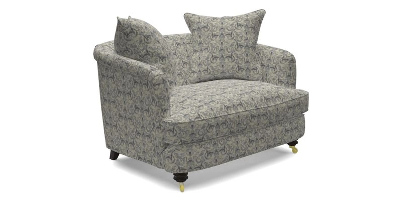 Helmsley Snuggler in V&A Threads of India Opulent Velvets Forest Creatures Hunter piping in Swiss Velvet Olive and scatter in Stockport Stripe Flame