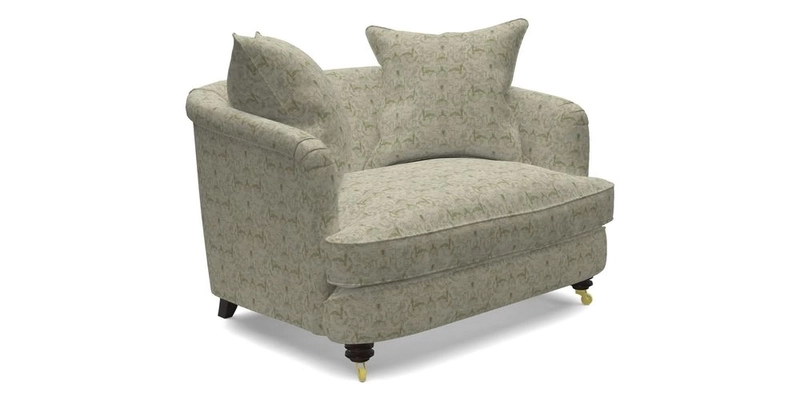 Helmsley Snuggler in V&A Threads of India Opulent Velvets Forest Creatures Hunter piping in Swiss Velvet Olive and scatter in Stockport Stripe Flame