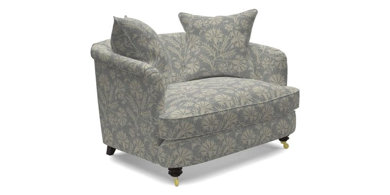 Helmsley Snuggler in V&A Threads of India Opulent Velvets Forest Creatures Hunter piping in Swiss Velvet Olive and scatter in Stockport Stripe Flame