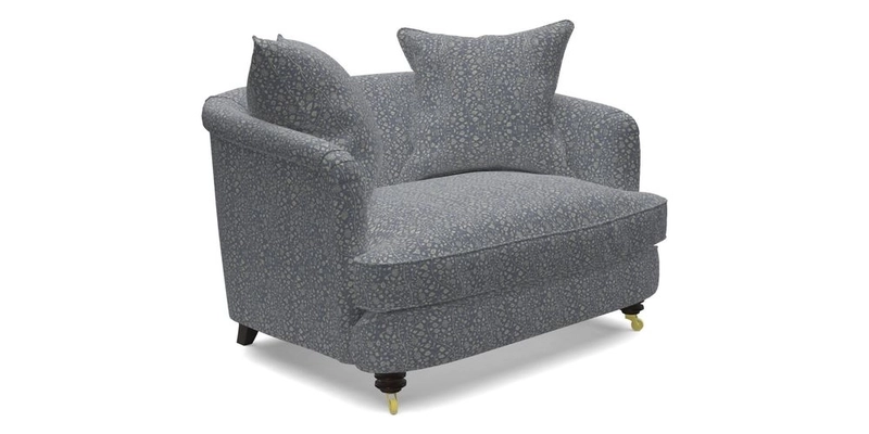 Helmsley Snuggler in V&A Threads of India Opulent Velvets Forest Creatures Hunter piping in Swiss Velvet Olive and scatter in Stockport Stripe Flame