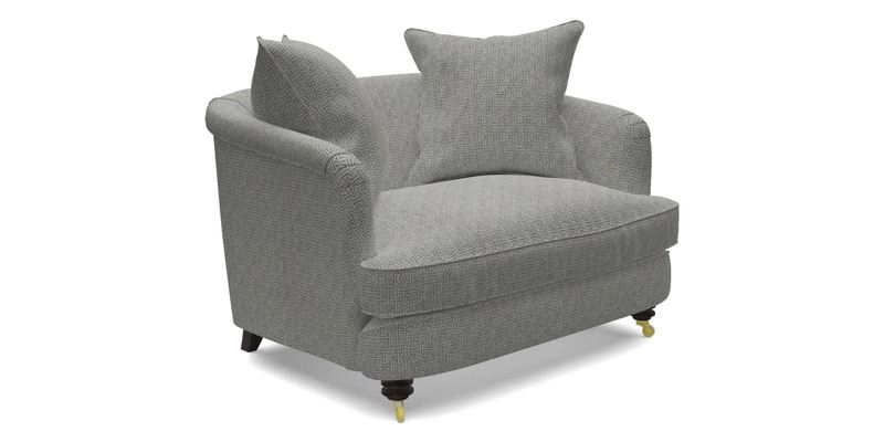 Helmsley Snuggler in V&A Threads of India Opulent Velvets Forest Creatures Hunter piping in Swiss Velvet Olive and scatter in Stockport Stripe Flame