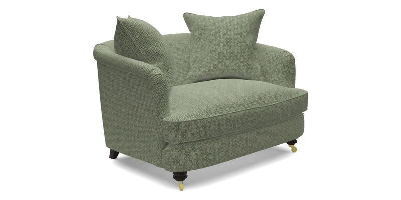 Helmsley Snuggler in V&A Threads of India Opulent Velvets Forest Creatures Hunter piping in Swiss Velvet Olive and scatter in Stockport Stripe Flame