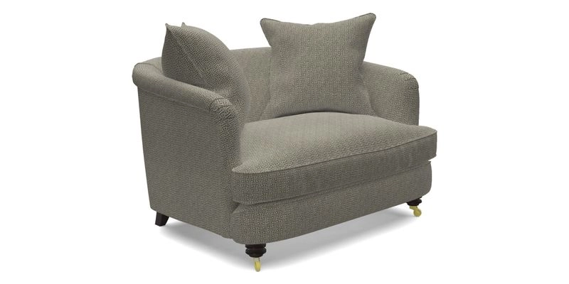 Helmsley Snuggler in V&A Threads of India Opulent Velvets Forest Creatures Hunter piping in Swiss Velvet Olive and scatter in Stockport Stripe Flame