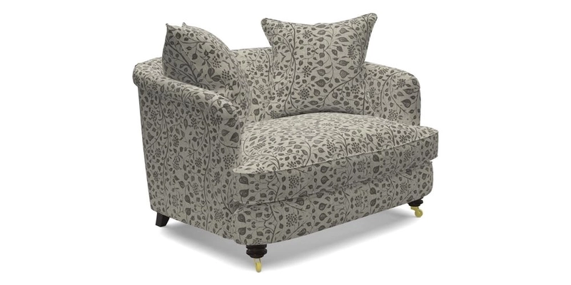 Helmsley Snuggler in V&A Threads of India Opulent Velvets Forest Creatures Hunter piping in Swiss Velvet Olive and scatter in Stockport Stripe Flame