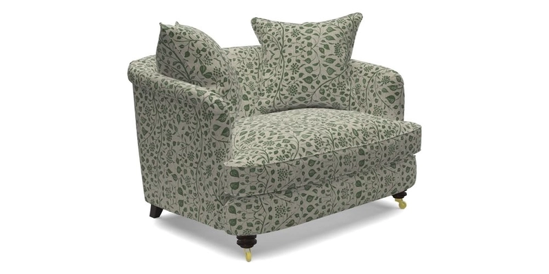 Helmsley Snuggler in V&A Threads of India Opulent Velvets Forest Creatures Hunter piping in Swiss Velvet Olive and scatter in Stockport Stripe Flame