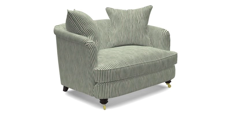 Helmsley Snuggler in V&A Threads of India Opulent Velvets Forest Creatures Hunter piping in Swiss Velvet Olive and scatter in Stockport Stripe Flame