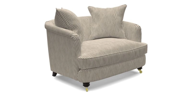 Helmsley Snuggler in V&A Threads of India Opulent Velvets Forest Creatures Hunter piping in Swiss Velvet Olive and scatter in Stockport Stripe Flame