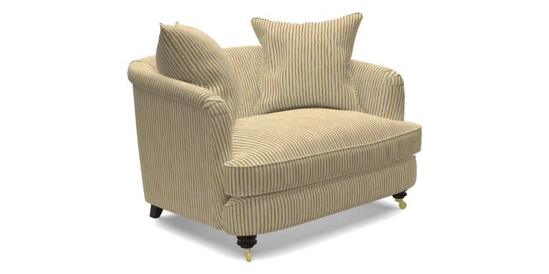 Helmsley Snuggler in V&A Threads of India Opulent Velvets Forest Creatures Hunter piping in Swiss Velvet Olive and scatter in Stockport Stripe Flame