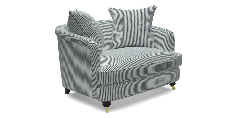 Helmsley Snuggler in V&A Threads of India Opulent Velvets Forest Creatures Hunter piping in Swiss Velvet Olive and scatter in Stockport Stripe Flame