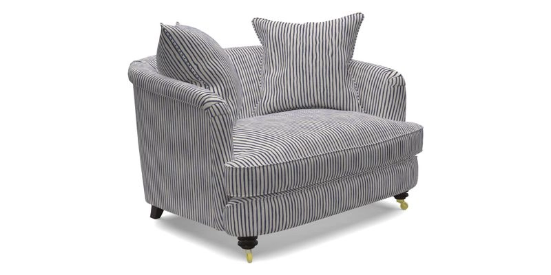 Helmsley Snuggler in V&A Threads of India Opulent Velvets Forest Creatures Hunter piping in Swiss Velvet Olive and scatter in Stockport Stripe Flame