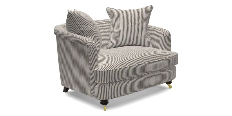 Helmsley Snuggler in V&A Threads of India Opulent Velvets Forest Creatures Hunter piping in Swiss Velvet Olive and scatter in Stockport Stripe Flame