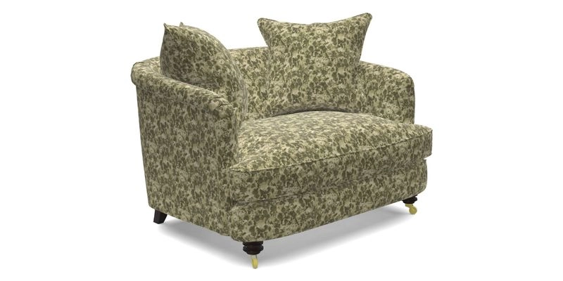 Helmsley Snuggler in V&A Threads of India Opulent Velvets Forest Creatures Hunter piping in Swiss Velvet Olive and scatter in Stockport Stripe Flame