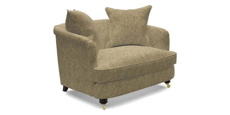 Helmsley Snuggler in V&A Threads of India Opulent Velvets Forest Creatures Hunter piping in Swiss Velvet Olive and scatter in Stockport Stripe Flame