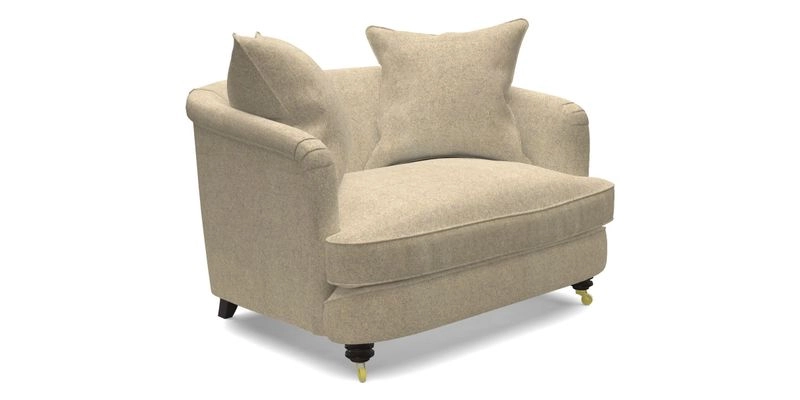 Helmsley Snuggler in V&A Threads of India Opulent Velvets Forest Creatures Hunter piping in Swiss Velvet Olive and scatter in Stockport Stripe Flame