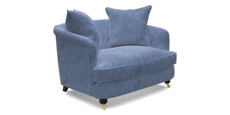 Helmsley Snuggler in V&A Threads of India Opulent Velvets Forest Creatures Hunter piping in Swiss Velvet Olive and scatter in Stockport Stripe Flame