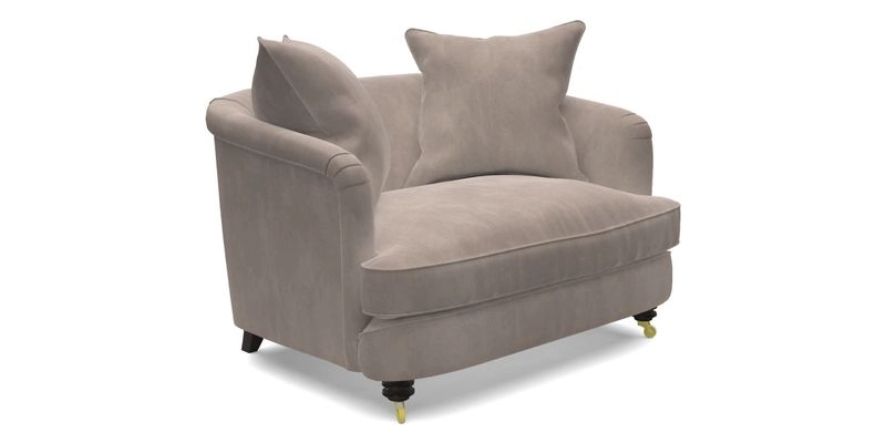 Helmsley Snuggler in V&A Threads of India Opulent Velvets Forest Creatures Hunter piping in Swiss Velvet Olive and scatter in Stockport Stripe Flame