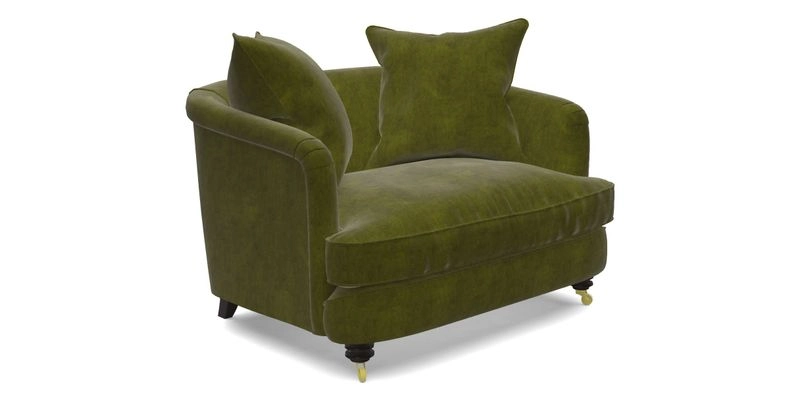 Helmsley Snuggler in V&A Threads of India Opulent Velvets Forest Creatures Hunter piping in Swiss Velvet Olive and scatter in Stockport Stripe Flame