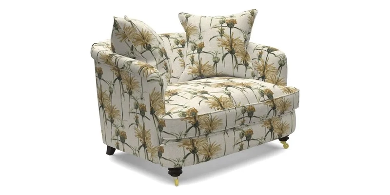 Helmsley Snuggler in V&A Threads of India Opulent Velvets Forest Creatures Hunter piping in Swiss Velvet Olive and scatter in Stockport Stripe Flame